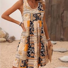 New! Women's Sleeveless Patchwork Print Dress - Style For Spring & Summer. Material: Polyester, No Elasticity. Size: Large (12). Sleeveless Skirt, Jumpsuit Outfit, Scoop Neck Dress, Vestidos Vintage, Sleeveless Shift Dress, Mid Length Skirts, Loose Dress, Sleeveless Mini Dress, Midi Dress Sleeveless