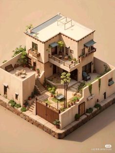 an aerial view of a house with trees and plants on the roof, in the desert