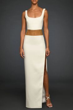 White crepe dress with gold chains | HerTrove Sleeveless Evening Dress With Structured Boning For Gala, Elegant Sleeveless Dress With Chain Strap, Gold Dresses With Chain Strap For Evening, Gold Evening Dress With Chain Strap, Gold Chain Strap Evening Dress, Gold Chain Strap Dress For Evening, Elegant Formal Dresses With Chain Strap, Glamorous Gala Dresses With Chain Strap, Chic Gold Dress With Chain Strap