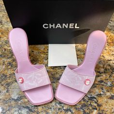 Rare Vintage Chanel Pink Mules Sz36 6us. These Beauties Are In Excellent Used Condition. Comes Will Original Box. Luxury Slip-on Heels For Spring, Designer Slip-on Heels With Padded Heel, Designer Pink Slip-on Heels, Designer Slip-on Heels With Heel Strap, Luxury Flat Heel Heels For Spring, Chanel Aesthetic, Pink Mules, Chanel Pink, Pink Chanel