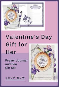 valentine's day gift for her, prayer journal and pen set with purple flowers