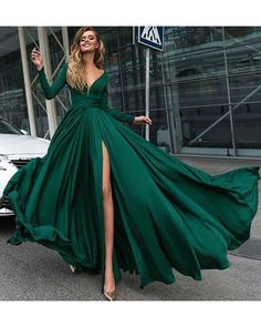 Split Prom Dresses, Evening Dress Long, Maxi Dress Summer, Green Prom, V Neck Prom Dresses, Chiffon Evening Dresses, Long Sleeve Evening Dresses, Prom Dresses Online, Green Prom Dress