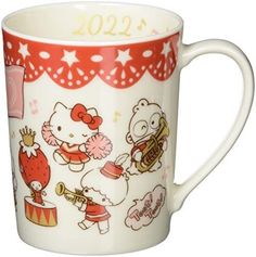 a hello kitty coffee mug is shown on a white background with red and yellow trim