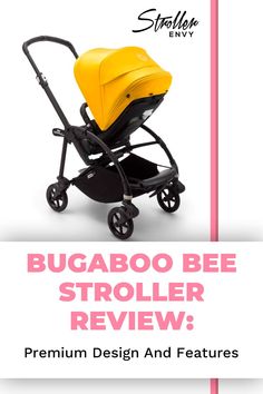 the bugaboo bee stroller is shown in yellow and black with pink trim