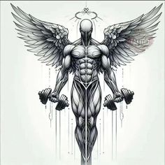 a drawing of a man with muscles and wings