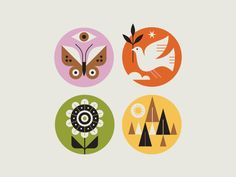 four different colored circles with animals and trees