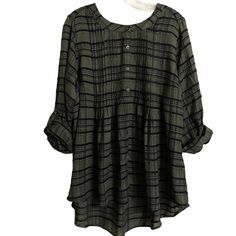 Avenue Blouse Plaid Lagenlook Boho Button Accent Tap Sleeve Olive Black Nwt Condition New With Tags Color Olive And Black Pleaded Front With Buttons Tab Sleeves Boho Look Approx Measurements Size 14/16 Size 18/20 Pit To Pit 23in Pit To Pit 24in Length 30in Length 31in Sleeve 23.5 Sleeve 24.5in Smoke Free M95 Casual Black Blouse With Button Closure, Black Blouse With Buttons And Relaxed Fit, Boho Look, Black Green, Tap, Top Blouse, Blouses, Womens Tops, Plaid