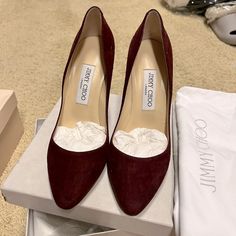 Used Once On My Wedding Party. Classic Style With Walkable Heel (Between 3 And 4”) And Super Comfy. Decent Burgundy Color In Suede Leather. Come With Original Box And Shoe Bags. Great For Any Party Or Event. Classic Burgundy Heels For Party, Classic Burgundy Party Heels, Shoe Bags, Jimmy Choo Shoes, Burgundy Color, My Wedding, Jimmy Choo, Suede Leather, Shoes Women Heels