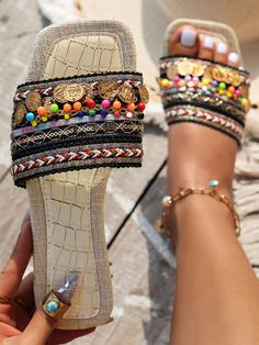 Multicolor Vacation Collar     Embellished   Women Shoes Embroidery Flats, Women Flat Sandals, Summer Sandals Flat, Flat Slippers, Colorful Embroidery, Flat Slipper, Summer Flats, Womens Sandals Flat, Beach Shoes