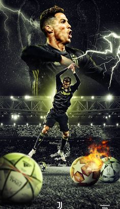 a soccer player is kicking the ball in front of his face and lightning behind him