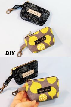 two different images of small purses with yellow and black polka dots on the side