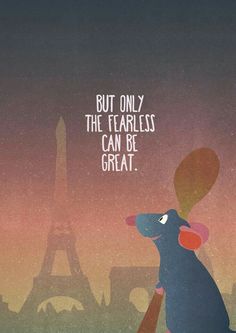 a cartoon dog sitting in front of the eiffel tower with a caption that reads, but only the fearless can be great