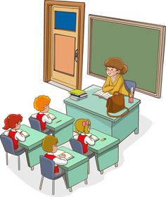 an image of children sitting at desks in front of a chalkboard and blackboard