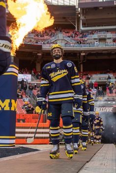 the hockey players are lined up on the ice