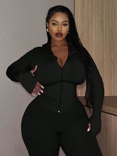 Plus Size Solid Color Thumb Hole Hoodie Slim Fit T-Shirt Black   Long Sleeve Knitted Fabric Plain  Medium Stretch  Women Plus Clothing, size features are:Bust: ,Length: ,Sleeve Length: Plus Size Baddies, Outfit References, Plus Size Workout, Curvy Girl Fashion, Art Clothes, Plus Size T Shirts, Long Sleeve Knit, Plus Size Tops, Black Long Sleeve