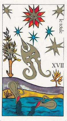 a tarot card with an image of a mermaid and stars on the back ground