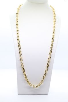 This beautiful 30 inch gold necklace is the perfect accessory for any occasion. It's sure to turn heads and get you noticed. Formal Long Gold Chain Necklace, Formal Yellow Gold Long Necklace, Formal Long Cable Chain Necklace, Formal Single Strand Long Necklace, Costume Jewelry Long Necklace With Gold Chain, Formal Long Single Strand Necklace, Formal Rectangular Chain Jewelry, Formal Long Box Chain Necklace, Classic Gold Chain Long Necklace