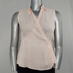 Edward Wrap Tank Top Blouse Womens Large Pink Irish Linen Sleeveless Ruffle Collar V-Neck New With Tag 100% Linen 40" Bust, 24" Length Size Large By Edward Irish Linen Fitted V-neck Tank Top With Ruffles, Elegant Spring Vest With Ruffles, Feminine Fitted Summer Vest, Feminine V-neck Vest For Summer, Summer Feminine V-neck Vest, Ruffled Tank Top For Workwear, Spring V-neck Vest For Daywear, Feminine V-neck Vest For Spring, Linen Wrap Top