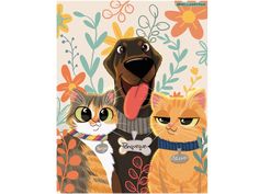 two cats and a dog are standing in front of a flowery background with flowers