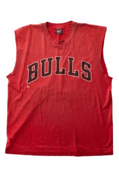 Size: X-Large Color: Red Material: Polyester / Cotton Made In: USA Decade: 1990s (estimated) Length: 29" Chest Width: 23" Vintage Condition Notes: - Several stains on the front - Sleeves have been removed with a raw hem and some other cuts down the sides  Brand: Fruit of the Loom Vintage Chicago Bulls, Sleeveless T Shirt, Sleeveless Tshirt, Chicago Bulls, The Loom, Fruit Of The Loom, Oversized Tshirt, Vintage Tshirts, Clothing Items