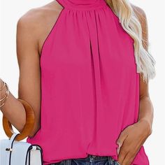 Relaxed Drape Tank Top. 26” Pit To Pit, 27” Long. Smooth Silky Polyester. Pink Non-stretch Sleeveless Top, Tie Neck, Neck Tie, Pink Ladies, Tank Top, Womens Tops, Tank Tops, Pink, Women Shopping