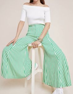 Anthropologie Mackenzie Striped Wide-Leg Pants Sold Out Style Blogger Favorite 2. Green Bottoms For Spring Day Out, Spring Green Bottoms For Day Out, Green Ankle-length Wide Leg Pants For Spring, Green Ankle-length Pants For Spring, Spring Striped High-waisted Wide Leg Pants, Striped Stretch Wide Leg Bottoms, Spring Striped Ankle-length Wide Leg Pants, Green Non-stretch Bottoms For Spring, Striped Fitted Wide-leg Bottoms