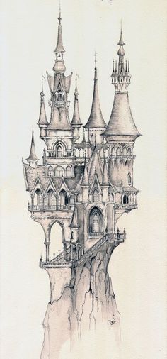 a drawing of a castle on top of a cliff