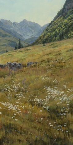 an oil painting of a mountain meadow with wildflowers