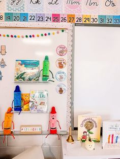 there are many magnets on the white board in this class room, and one is for each student