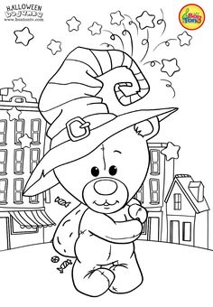 a coloring page with a teddy bear dressed as a witch