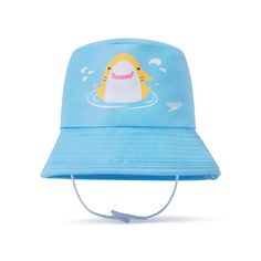 a blue hat with a cartoon shark on it