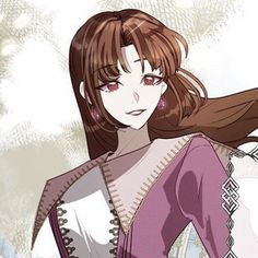 an anime character with long brown hair wearing a purple top and white pants, standing in front of a tree