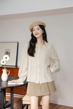 Button up shirt with a double scalloped collar, scallop trim placket details and long blouson sleeves. S: 15" across shoulders, 38.5" chest, 24.5" lengthM: 15.5" across shoulders, 40" chest, 24.5" lengthL: 16" across shoulders, 41.5" chest, 25" lengthXL: 16.5" across shoulders, 43" chest, 25" length Shoe Gifts, Overall Dress, Sweater Blouse, Cardigan Jacket, Jeans Pants, Sweaters & Cardigans, Button Up Shirts, Shirt Blouses, Top Shirt