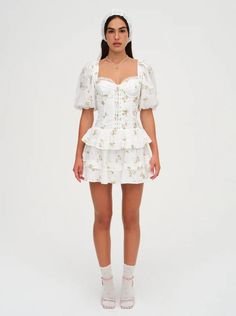 Kinsley Mini Dress — White | For Love & Lemons Spring Fitted Corset Dress With Puff Sleeves, Feminine Puff Sleeve Corset Dress With Ruffles, Feminine Corset Dress With Puff Sleeves And Ruffles, Spring Chic Puff Sleeve Corset Dress, Feminine Fitted Corset Dress For Spring, Spring Mini Length Puff Sleeve Dress With Fitted Bodice, Feminine Fitted Puff Sleeve Dress For Spring, Feminine Spring Corset Dress For Brunch, Feminine Spring Corset Dress With Fitted Bodice