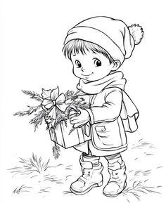 a little boy holding a christmas present in his hand and wearing a hat with poinsettis on it