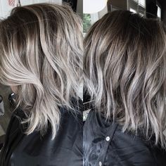 Gray And Ash Brown Hair, Grey Roots Blonde Hair, Ash Hair With Dark Roots, Ash Brown Platinum Highlights, Ash Blonde Balayage To Cover Grey, Silver Blonde And Brown Hair, Short Brown Hair With Ash Blonde Highlights, Mushroom Brown Lowlights On Blonde Hair, Ash Balyage Short Hair