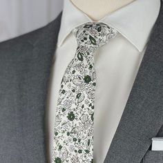 Men's White W/ Dark Green & Greige Floral Print Necktie - Etsy White Business Ties, White Fitted Tie For Black Tie Events, Fitted White Ties For Black Tie Occasions, Classic White Tie For Groom, Classic White Ties For Groom, Fitted Suit And Tie Accessories For Groom, Fitted Green Ties For Wedding, Floral Tie Groom, Enchanted Forest Prom