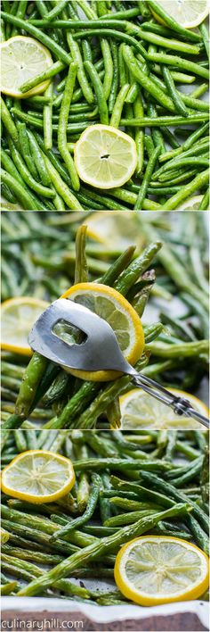 lemons, asparagus and green beans are being cut in half with a pair of tongs