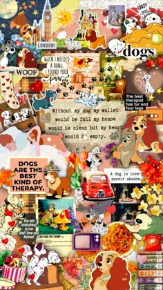 a collage with many different pictures and words on it, including dogs in the background