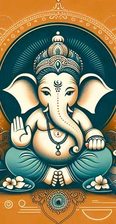 an elephant statue sitting on top of a blue and orange background with the words lord ganesh