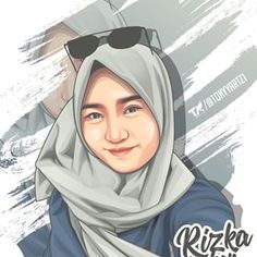 a woman wearing sunglasses and a headscarf with the words rizka on it