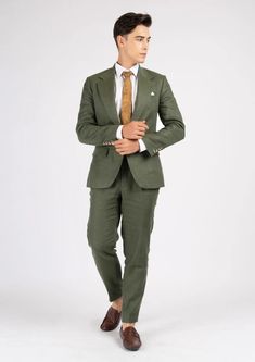 The Eldridge Juniper Green Linen Suit is crafted from pure linen fabric that exudes classic vibes with the forest green hue. Its sophisticated and refined craftsmanship will effortlessly elevate any occasion. For those seeking an effortless display of fine taste, this custom made suit is the perfect choice. Tailored Double Breasted Linen Suit With Welt Pockets, Green Linen Suits With Notch Lapel, Green Linen Business Blazer, Green Linen Blazer For Tailoring, Classic Linen Double Breasted Suit With Welt Pockets, Tailored Linen Double Breasted Suit For Formal Occasions, Semi-formal Linen Double Breasted Suit With Suit Collar, Semi-formal Linen Double Breasted Suit, Formal Double Breasted Linen Suit With Suit Collar