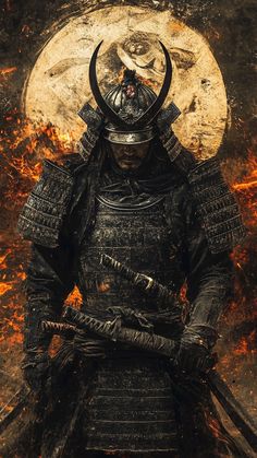 a man dressed in armor and holding two swords standing next to a fire filled background