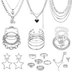 PRICES MAY VARY. 💗SILVER JEWELRY FOR WOMEN: This is an affordable value jewelry set. Includes love Pendant necklace, pearl necklace, silver chain necklace, pearl bracelet, adjustable open cuff bracelet, shiny big star earrings, butterfly ear clips, size 7-8 knuckle rings, etc. 💗QUALITY MATERIALS: Made of high quality alloy, 14K silver plated to ensure a long without faded, that is nickel free, lead free, and hypoallergenic, safe to use. 💗EASY TO MATCH: This set comes in a variety of styles an Anniversary Gift For Friends, Vacation Jewelry, Chunky Chain Necklaces, Gold Jewelry Sets, Packing Jewelry, Ear Cuff Earings, Women's Jewelry Sets, Silver Jewellery Sets, Fashion Jewelry Sets