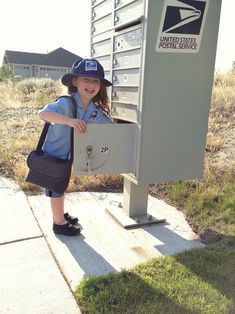 This is actually NOT a halloween costume, but I'm putting up the pictures now in case you have a little one who wants a postal carrier/mailman outfit. Tuesday has been super into mail and notes for a long time. I need to do a post about how we utilize that for learning, and her cool notebook she… Usps Halloween Costume, Diy Mail Carrier Costume, Mailman Outfit, Postal Worker Costume, Mail Carrier Costume, Tots Activities, Vocabulary Parade, Halloween Vocabulary