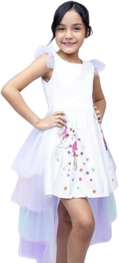 Enchanting Unicorn Design: Features a vibrant and whimsical unicorn print. Princess Ruffle Sleeves: Adds an elegant and fairy-tale touch to the dress. Detachable Long Tail: Allows for versatile styling and added fun. High-Quality Materials: Ensures durability and comfort for all-day wear. Perfect for Special Occasions: Ideal for birthday parties, dress-up play, and other celebrations. Comfortable Fit: Designed to provide a flattering and comfortable fit for your child. Available in Various Sizes Summer Princess Dress With Unicorn Print For Party, Playful White Princess Dress For Dress-up, Summer Party Princess Dress With Unicorn Print, Summer Unicorn Print Princess Dress For Dress-up, White Princess Dress For Spring Costume Party, Cute Unicorn Print Princess Dress For Dress-up, Pink Princess Dress With Unicorn Print For Spring, Playful Unicorn Print Dress For Birthday, Spring Unicorn Print Dress-up Dresses