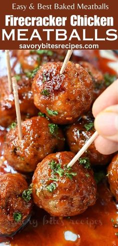 the meatballs are being served on skewers with toothpicks in them