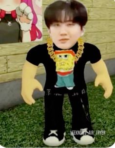 an animated image of a young boy in black shirt and pants with yellow chains on his neck