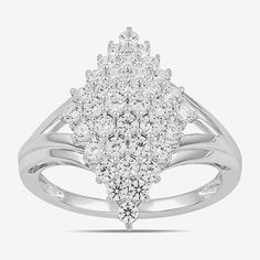 The effervescent cluster of lab-grown diamonds at the center of this ring sparkles as bright as a constellation in the night sky. The elegant band of fine 10K white gold opens in the middle to let the diamonds shine. Bright and beautiful, this ring elevates every ensemble.Ring Style: Cocktail Rings, Cluster RingsDiamond Clarity: I2Setting: ProngShape: MarquiseStone Cut: RoundStone Millimeter Measurement: 1.85 Mm Length, 1.85 Mm WidthDiamond Color: IMetal Color: WhiteRing Gallery Height: 5.3mmRin White Sterling Silver Cluster Ring With Brilliant Cut, White Marquise Cut Cubic Zirconia Cluster Ring, Luxury Sterling Silver Cluster Ring In Diamond White, Silver Cluster Ring In 14k White Gold, Marquise Cut, Diamond White Cluster Ring In Cubic Zirconia, Fine Jewelry, Sparkling Rings, Cocktail Rings, White Diamond, Lab Grown Diamonds