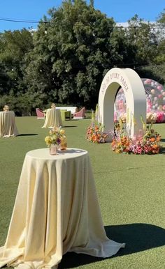 an outdoor event set up with tables, chairs and flowers on the grass in front of it